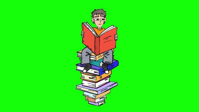 kid with book sitting on a giant stack of books comic cartoon looped animation isolated on green screen