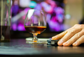 man drinking  whisky  at  bar with car key on the  table, Don't drink and drive concept