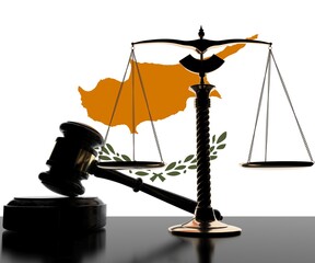 Judge gavel, scales and flag of Cyprus 3d rendering