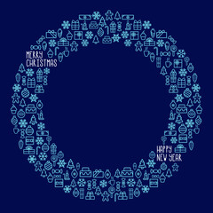 Christmas greeting wreath or frame with space for text. Linear icons tree, balls, candle, gifts, candies, snowflakes. New Year Christmas eve dinner. For greeting cards, social media, sale advertising.