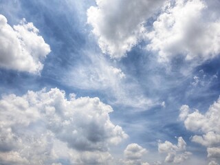 Many clouds and azure sky background.The atmosphere in the blue sky with copy space .The weather is clear today.meteorology