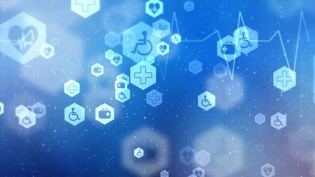 Health care and medical icons technology services loop background from hexagons. Geometric elements of design for modern communications, medicine, science and digital technology. Hexagon pattern