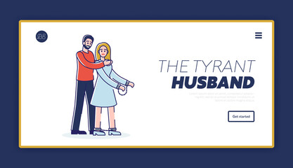 Domestic violence landing page template with tyrant husband strangling wife neck