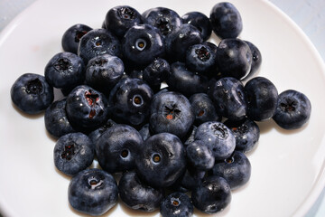 blueberries on a white plate on a blue wooden table background. concept of fresh and healthy food, harvesting.