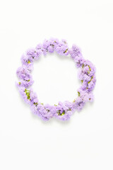 wedding layout. beautiful wreath of pink flowers on a white background. flat lay, copy space
