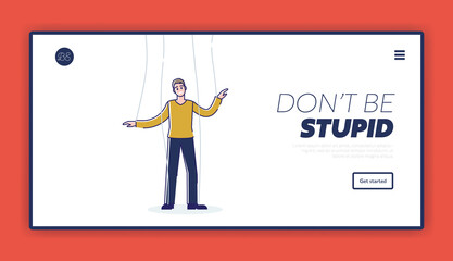 Business manipulation landing page with man puppet on ropes manipulated and controlled