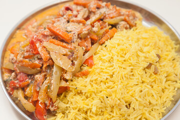 Closeup of basmati rice plate with vegetables 