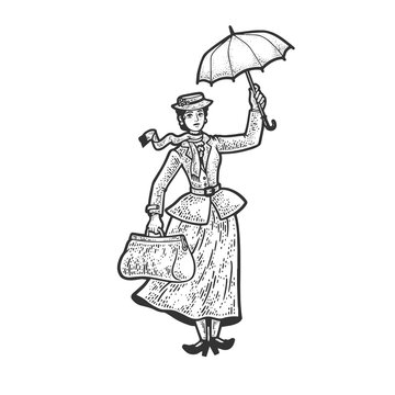 Mary Poppins cartoon tale fictional character sketch engraving vector illustration. T-shirt apparel print design. Scratch board imitation. Black and white hand drawn image.