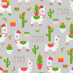 Cute Christmas llama vector seamless pattern. Xmas llama animal and cactus plants. Isolated on grey background.