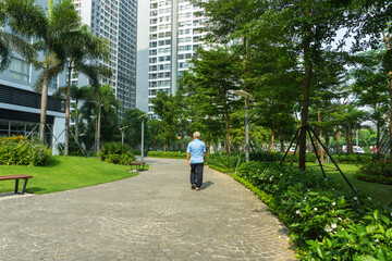 Fototapeta na wymiar Urban walking road among green tree in modern apartment buildings in big city.