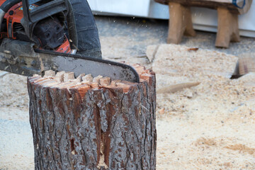 man cutting a pine log with a chainsaw