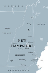 New Hampshire, NH, gray political map, with capital Concord. State in the New England region of United States of America. The Granite State. The White Mountain State. Illustration over white. Vector.