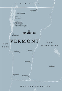 Vermont, VT, gray political map with the capital Montpelier. Northeastern state in the New England region of the United States of America, with nickname The Green Mountain State. Illustration. Vector.