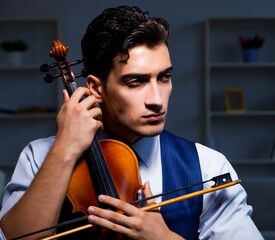 Young musician man practicing playing violin at home