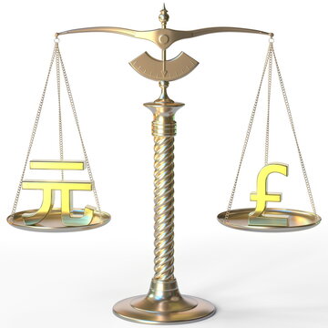 Renminbi yuan CNY symbol and Pound sterling sign on balance scales, forex parity conceptual 3d rendering
