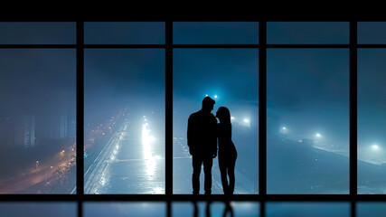 Fototapeta na wymiar The man and woman standing near the panoramic window against the night city