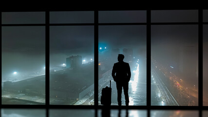 Fototapeta na wymiar The man with a suitcase standing near a panoramic window against the night city
