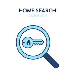 House key search icon. Vector illustration of a magnifier tool and a home key with a home icon on it. Represents concept of searching and finding a key, search for an apartment, home, living place