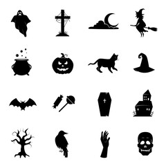 Halloween vector icon set. Collection of traditional Halloween symbols and props.