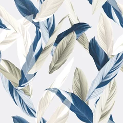 Gordijnen Foliage seamless pattern, heliconia Ctenanthe oppenheimiana plant in blue and brown tones on bright grey © momosama