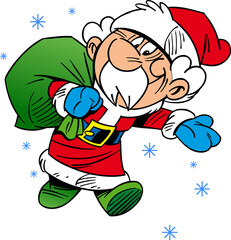  Vector illustration shows merry Santa Claus hurrying with a bag of Christmas gifts