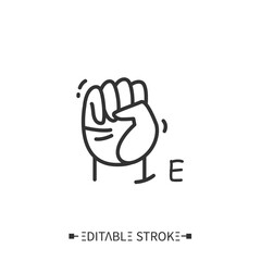 Hand gesture showing E letter line icon. Fingerspelling American sign language alphabet for deaf-mutes. Revolution sign. Protest. Mudra. Isolated vector illustration. Editable stroke