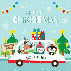 Merry Christmas greeting card with reindeer and friends on car