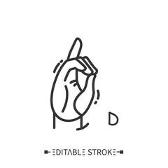 Hand gesture showing D letter line icon. Fingerspelling American language. Sign alphabet for deaf-mutes. Communication for disabled people. Mudra. Isolated vector illustration. Editable stroke