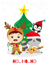 Christmas greeting card with cute boy,racoon and penguin. Cute boy in deer costume