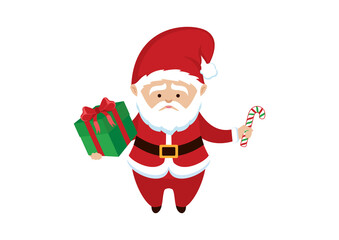 Cute Santa Claus with a gift box and candy cane icon vector. Cute Santa Claus holding gift box cartoon character. Happy Santa icon isolated on a white background