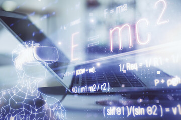 Desktop computer background and formula hologram writing. Double exposure. Education concept.