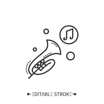 Trumpet line icon. Classical woodwind orchestral musical instrument. Classical, ethnic and contemporary music. Music from different countries. Isolated vector illustration. Editable stroke