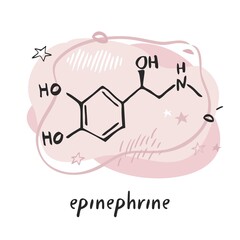 Adrenaline molecule. Epinephrine hormone formula drawn by hand on the background of abstract objects and shapes. Symbol for biology, chemistry, naturopathy, medicine. Cartoon vector illustration.