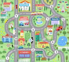 Abstract map. Life of a small city for children. 
interesting carpet with roads for children.