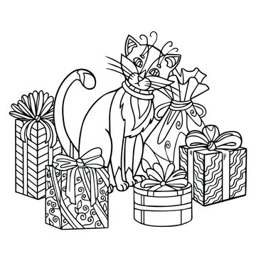 Christmas coloring page. Cat sits near by gift boxes. Vector line illustration with doodle, pattern and zentangle elements for coloring books for adult.