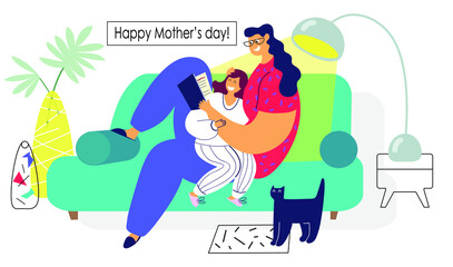 Happy family, mom reads a book to daughter. Vector illustration