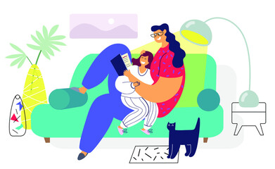 Obraz premium Happy family, mom reads a book to daughter. Vector illustration