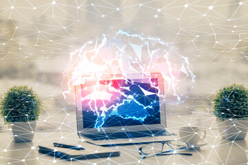 Double exposure of desktop with computer and brain drawing hologram. Artificial intelligence...