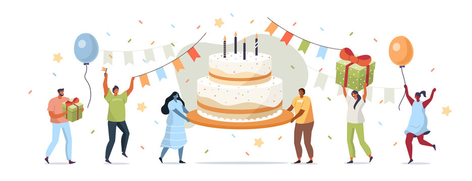 People Characters carrying Birthday Cake and Celebrating. Women and Men holding Gift and Balloons. Friends Enjoying the Party. Happy Birthday Concept. Flat Cartoon Vector Illustration.
