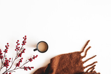 Autumn composition. Cup of coffee, plaid on white background. Autumn, fall concept. Flat lay, top...