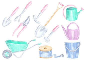 Hand-painted watercolor pastel gardening tools, with watering cans, bucket, wheelbarrow and more.