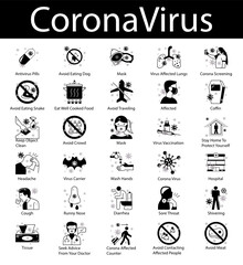 Coronavirus 2019-nCoV disease symptoms and prevention concept vector icon set, Covid-19 Symbols on White background
