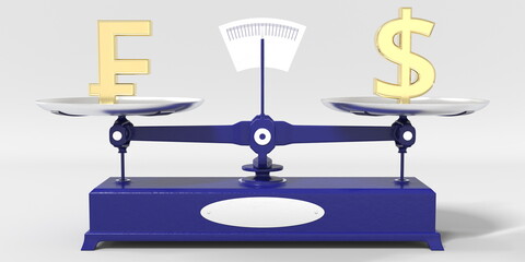 Swiss franc symbol weighs the same as Dollar sign on balance scales. Financial market conceptual 3d rendering