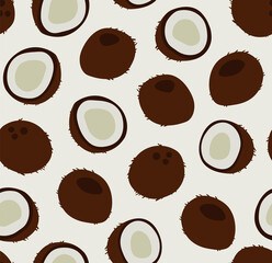 Seamless pattern of coconut background elements on a beige background. Set with hand-drawn coconut doodles. Colorful background texture for kitchen, wallpaper, textile, fabric, paper. Vegan food.