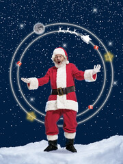 Emotional Santa Claus greeting with New Year 2021 and Christmas on outter space and stars background. Caucasian man in traditional costume. Concept of holidays and winter mood. Copyspace. Kind Nicolas