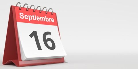 September 16 date written in Spanish on the flip calendar, 3d rendering