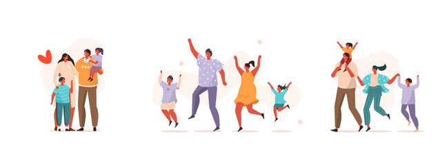 Happy Family doing Activities. They are Jumping, Running, Dancing and Having Fun. Mother, Father and Kids Spending Time Together. Characters Set. Flat Cartoon Vector Illustration. 