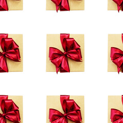 Gift box with a red bow on a white background. Seamless pattern.