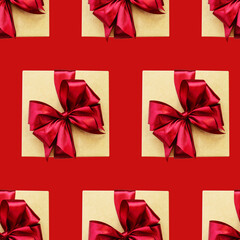 Gift with a bow on a red background. Seamless pattern.