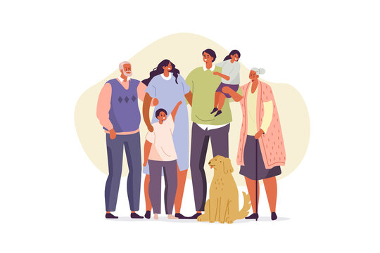 Multi Generational Family And Dog Spending Time Together. Mother, Father, Kids And Elderly Grandparents. They Hugging And Smiling To Each Other. Big Family Portrait. Flat Cartoon Vector Illustration. 